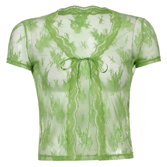 Sweetown Brown Vintage New Lace Crop Top Short Sleeve See Through Sexy Mesh Woman Tshirts V Neck Lace Up Floral Kawaii Clothes