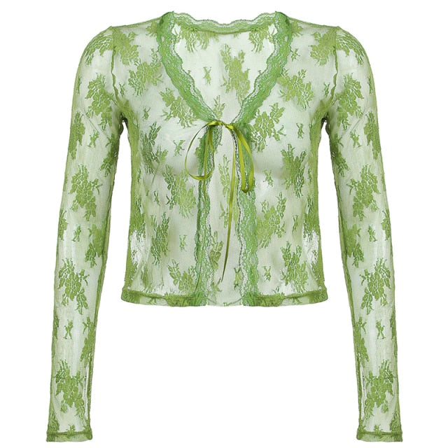 Sweetown Brown Vintage New Lace Crop Top Short Sleeve See Through Sexy Mesh Woman Tshirts V Neck Lace Up Floral Kawaii Clothes