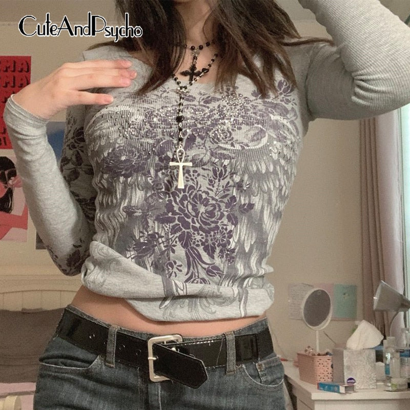 Retro  Grunge Tshirts Fairycore Harajuku Graphic Print Gray Cute Casual Tshirts Streetwear Dark Academia Tops Cuteandpsycho
