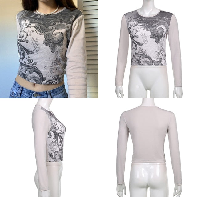 Retro  Grunge Tshirts Fairycore Harajuku Graphic Print Gray Cute Casual Tshirts Streetwear Dark Academia Tops Cuteandpsycho