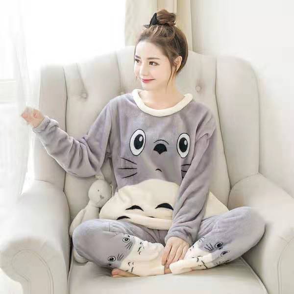 2021 Autumn Winter Warm Flannel Women Pyjamas Sets Thick Coral Velvet Long Sleeve Cartoon Sleepwear Thin Flannel Pajamas Set