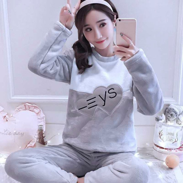 2021 Autumn Winter Warm Flannel Women Pyjamas Sets Thick Coral Velvet Long Sleeve Cartoon Sleepwear Thin Flannel Pajamas Set