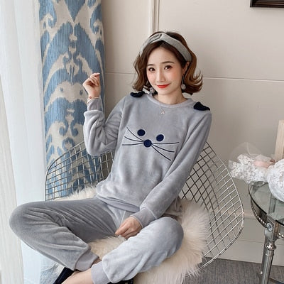 2021 Autumn Winter Warm Flannel Women Pyjamas Sets Thick Coral Velvet Long Sleeve Cartoon Sleepwear Thin Flannel Pajamas Set