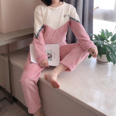 2021 Autumn Winter Warm Flannel Women Pyjamas Sets Thick Coral Velvet Long Sleeve Cartoon Sleepwear Thin Flannel Pajamas Set