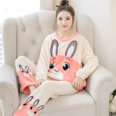 2021 Autumn Winter Warm Flannel Women Pyjamas Sets Thick Coral Velvet Long Sleeve Cartoon Sleepwear Thin Flannel Pajamas Set