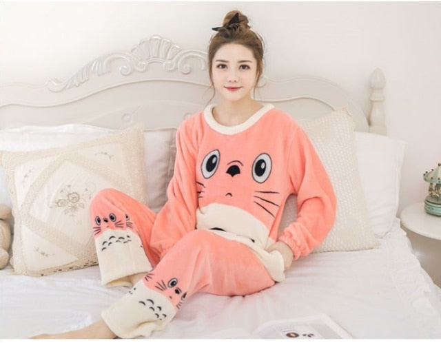 2021 Autumn Winter Warm Flannel Women Pyjamas Sets Thick Coral Velvet Long Sleeve Cartoon Sleepwear Thin Flannel Pajamas Set