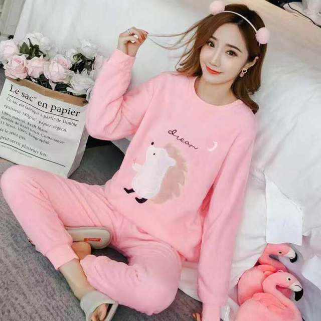 2021 Autumn Winter Warm Flannel Women Pyjamas Sets Thick Coral Velvet Long Sleeve Cartoon Sleepwear Thin Flannel Pajamas Set