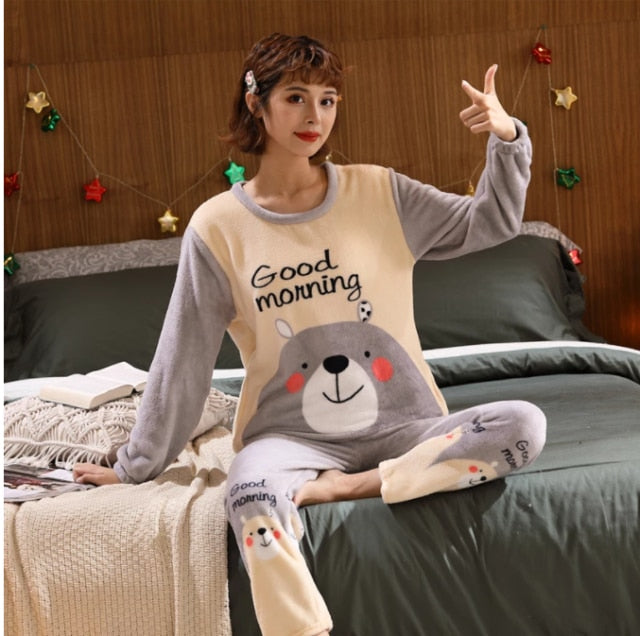 2021 Autumn Winter Warm Flannel Women Pyjamas Sets Thick Coral Velvet Long Sleeve Cartoon Sleepwear Thin Flannel Pajamas Set