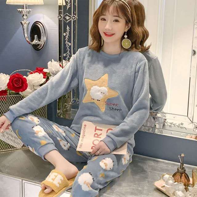 2021 Autumn Winter Warm Flannel Women Pyjamas Sets Thick Coral Velvet Long Sleeve Cartoon Sleepwear Thin Flannel Pajamas Set