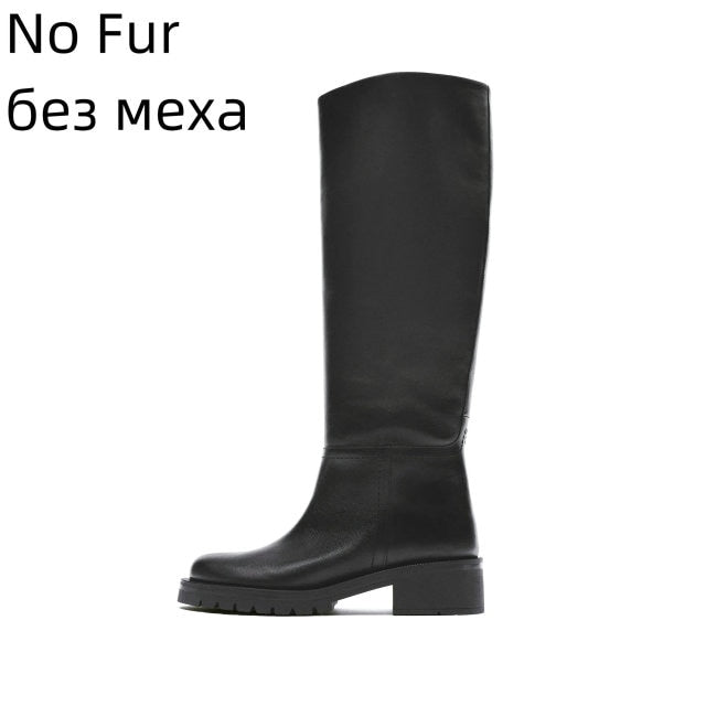 QUTAA  ZA Fashion Women Knee High Boots Full Cow Leather Warm Flats INS Thick High Heels Motorcycle Boots Woman Lady Shoes 34-43