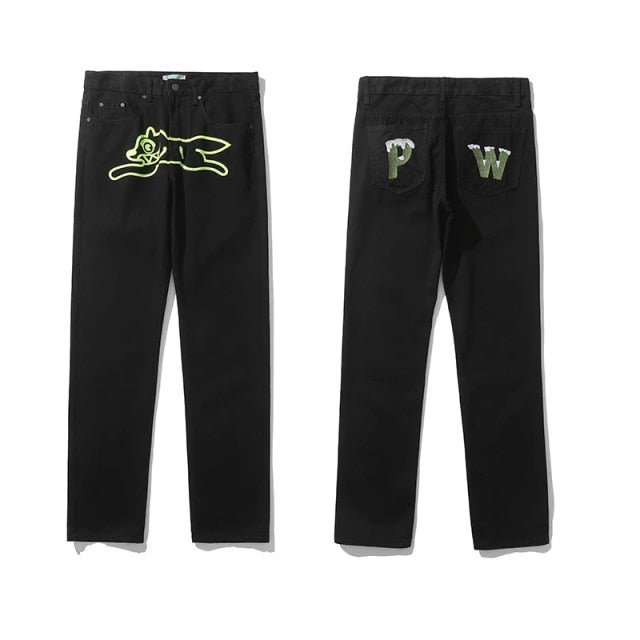 Dog Print Straight Loose Jeans Mens Retro High Street Oversize Casual Denim Trousers Harajuku Washed Hip Hop Jean Pants