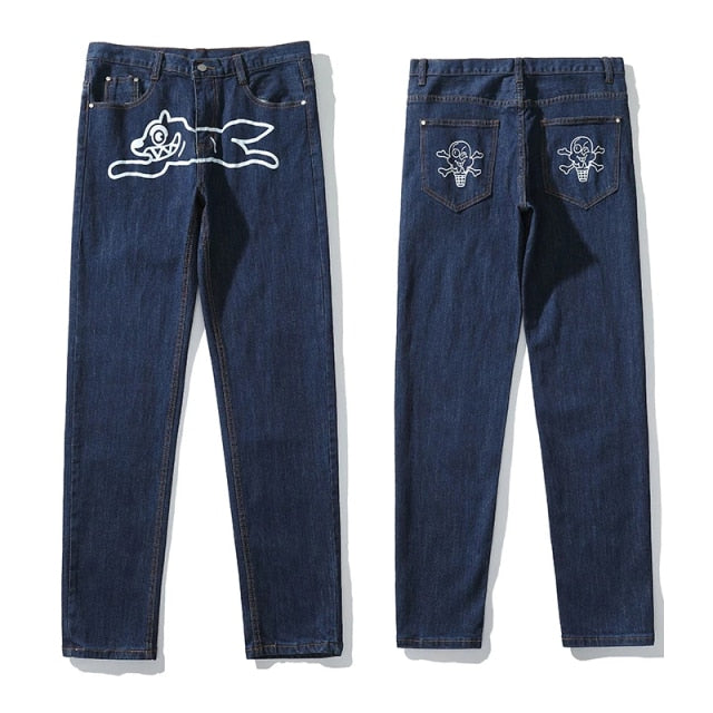 Dog Print Straight Loose Jeans Mens Retro High Street Oversize Casual Denim Trousers Harajuku Washed Hip Hop Jean Pants