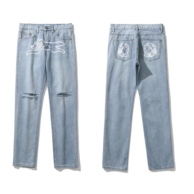 Dog Print Straight Loose Jeans Mens Retro High Street Oversize Casual Denim Trousers Harajuku Washed Hip Hop Jean Pants