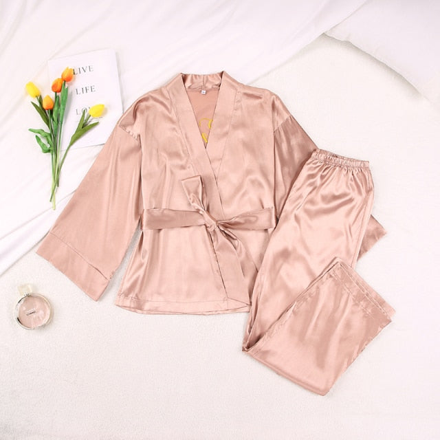 Solid Color Sleepwear Loose Flare Home Pants Three Quarter Sleeve Satin Robe Sets Bathrobe For Women Pajama Fashion Spring 2021