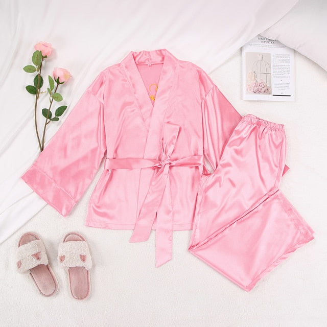 Solid Color Sleepwear Loose Flare Home Pants Three Quarter Sleeve Satin Robe Sets Bathrobe For Women Pajama Fashion Spring 2021