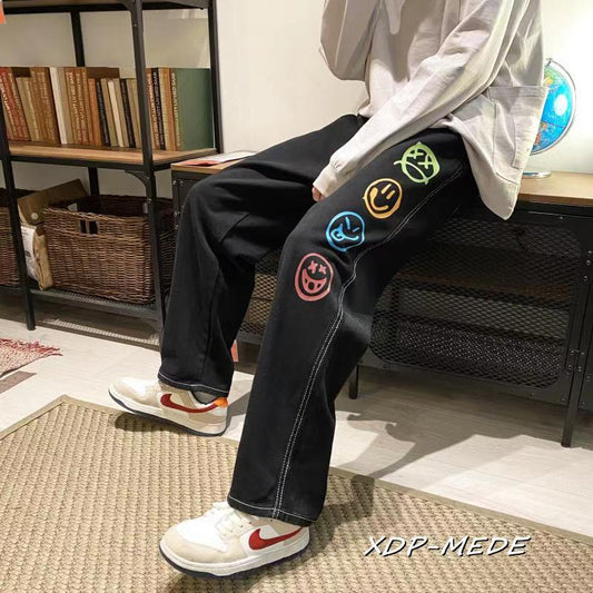Colorful Smiley Print Jeans for Men Baggy Straight Leg Denim Pants Teen Fashion Trend Clothes Oversized Trouser Male Streetwear
