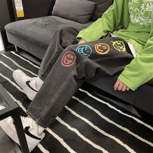 Colorful Smiley Print Jeans for Men Baggy Straight Leg Denim Pants Teen Fashion Trend Clothes Oversized Trouser Male Streetwear