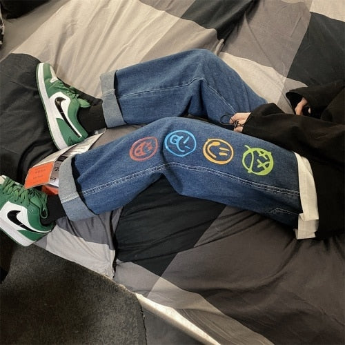 Colorful Smiley Print Jeans for Men Baggy Straight Leg Denim Pants Teen Fashion Trend Clothes Oversized Trouser Male Streetwear