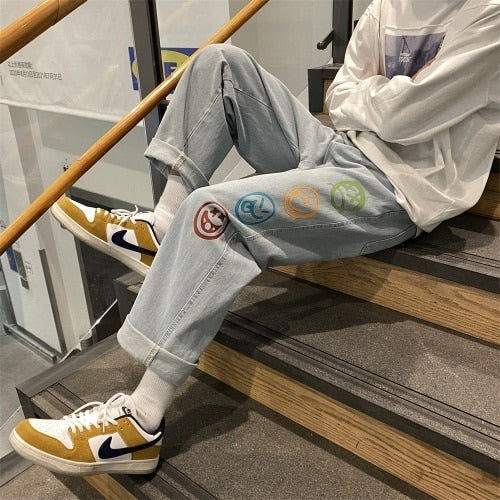 Colorful Smiley Print Jeans for Men Baggy Straight Leg Denim Pants Teen Fashion Trend Clothes Oversized Trouser Male Streetwear