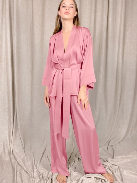 Solid Color Sleepwear Loose Flare Home Pants Three Quarter Sleeve Satin Robe Sets Bathrobe For Women Pajama Fashion Spring 2021