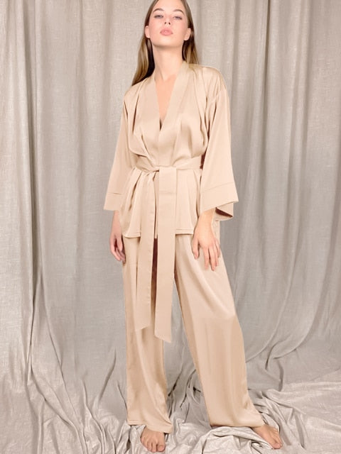 Solid Color Sleepwear Loose Flare Home Pants Three Quarter Sleeve Satin Robe Sets Bathrobe For Women Pajama Fashion Spring 2021