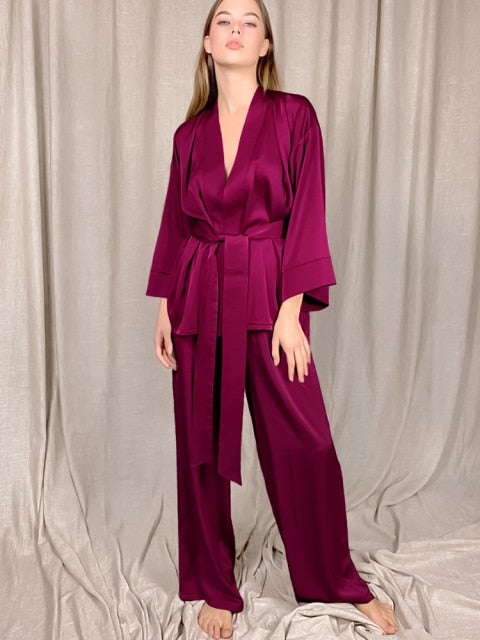 Solid Color Sleepwear Loose Flare Home Pants Three Quarter Sleeve Satin Robe Sets Bathrobe For Women Pajama Fashion Spring 2021