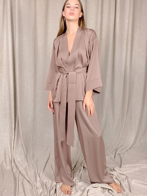Solid Color Sleepwear Loose Flare Home Pants Three Quarter Sleeve Satin Robe Sets Bathrobe For Women Pajama Fashion Spring 2021