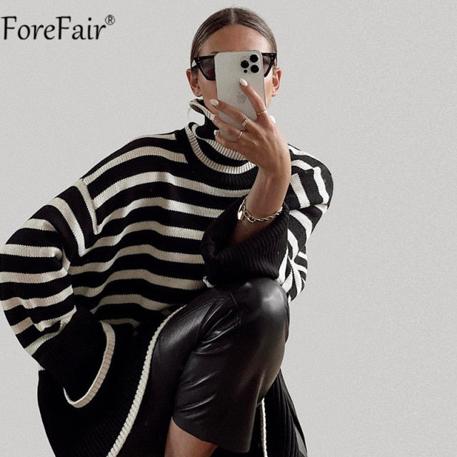 Forefair 2021 Autumn Winter Oversized Knitted Pullover Women Turtleneck Long Sleeve Khaki Striped Loose Sweater Casual Fashion
