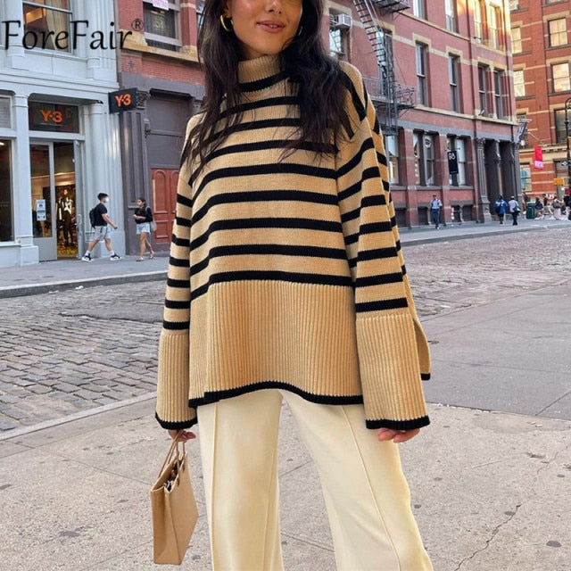 Forefair 2021 Autumn Winter Oversized Knitted Pullover Women Turtleneck Long Sleeve Khaki Striped Loose Sweater Casual Fashion