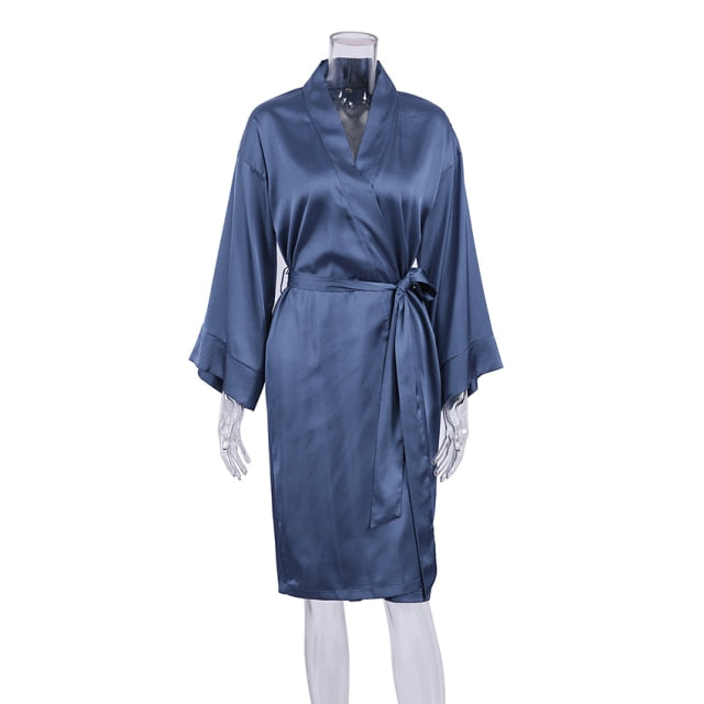 Solid Color Sleepwear Loose Flare Home Pants Three Quarter Sleeve Satin Robe Sets Bathrobe For Women Pajama Fashion Spring 2021