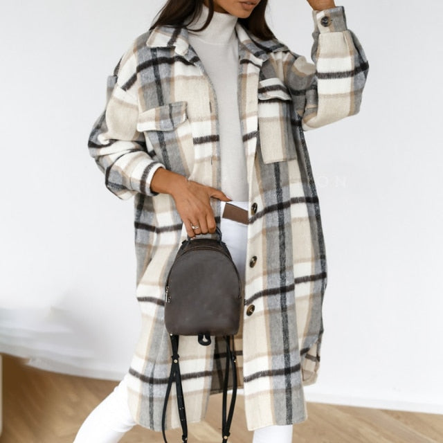 2021 Autumn Women Shirt Coat Fashion Plaid Printed Turn Down Collar Long Coat Casual Single-Breasted Winter Female Overcoat