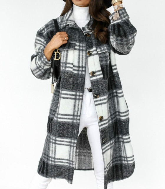 2021 Autumn Women Shirt Coat Fashion Plaid Printed Turn Down Collar Long Coat Casual Single-Breasted Winter Female Overcoat