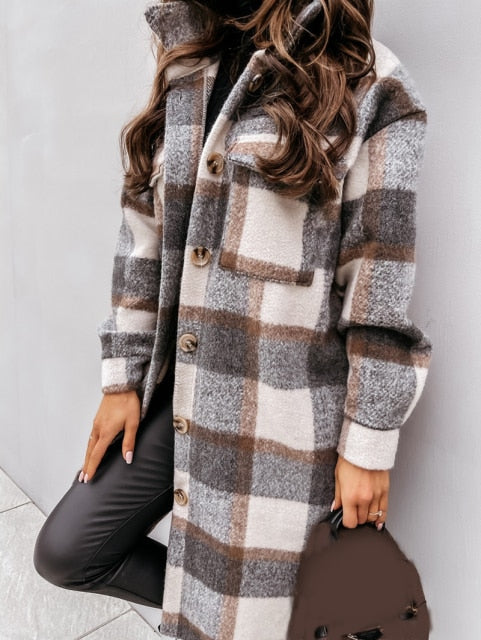 2021 Autumn Women Shirt Coat Fashion Plaid Printed Turn Down Collar Long Coat Casual Single-Breasted Winter Female Overcoat