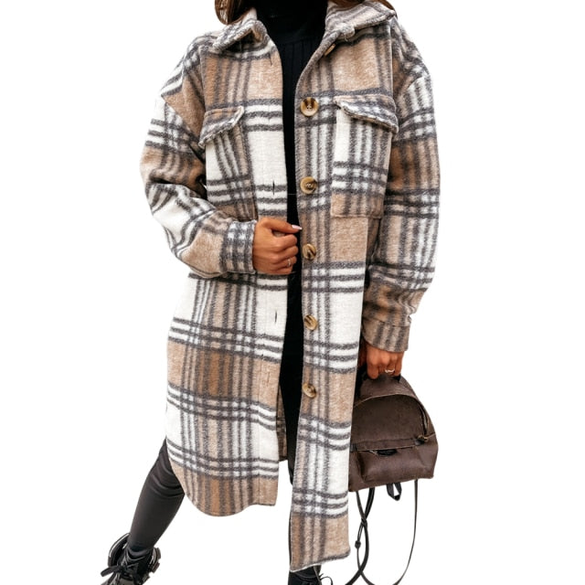 2021 Autumn Women Shirt Coat Fashion Plaid Printed Turn Down Collar Long Coat Casual Single-Breasted Winter Female Overcoat