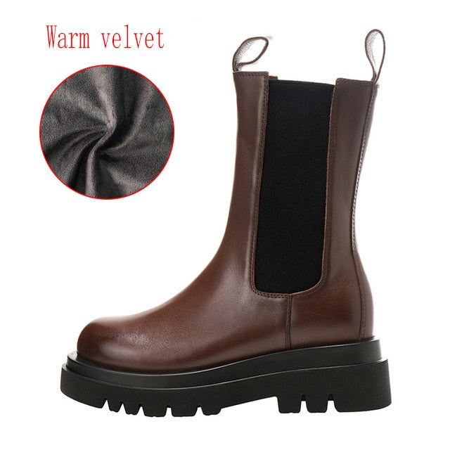 Genuine Leather Autumn Boots For Women Platform Chelsea Boot Spring Cowhide Booties Fashion Female Thick Bottom Black Bootie 41
