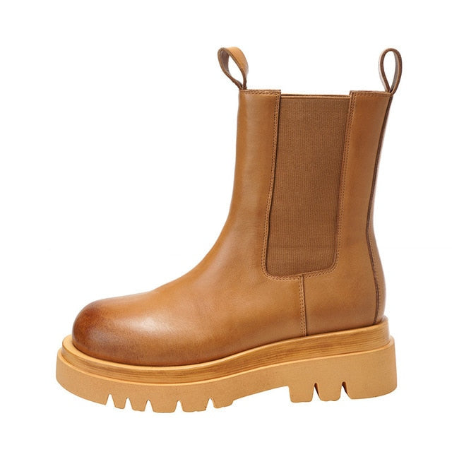 Genuine Leather Autumn Boots For Women Platform Chelsea Boot Spring Cowhide Booties Fashion Female Thick Bottom Black Bootie 41