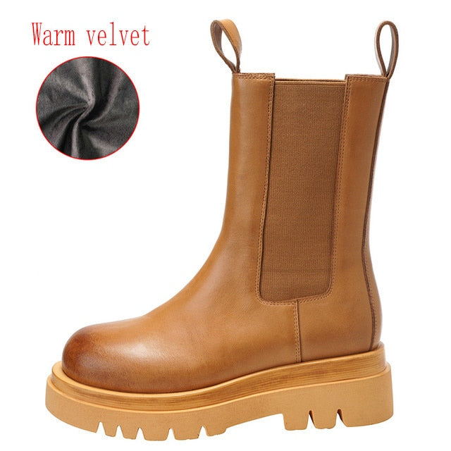 Genuine Leather Autumn Boots For Women Platform Chelsea Boot Spring Cowhide Booties Fashion Female Thick Bottom Black Bootie 41