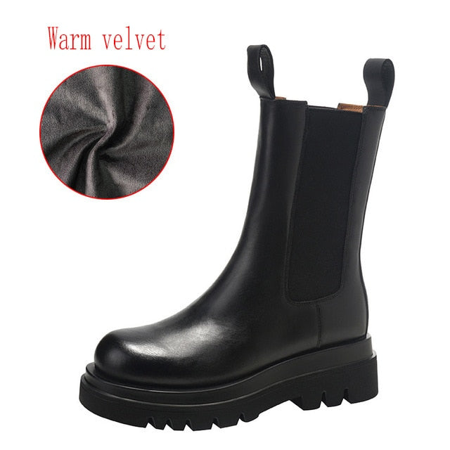 Genuine Leather Autumn Boots For Women Platform Chelsea Boot Spring Cowhide Booties Fashion Female Thick Bottom Black Bootie 41
