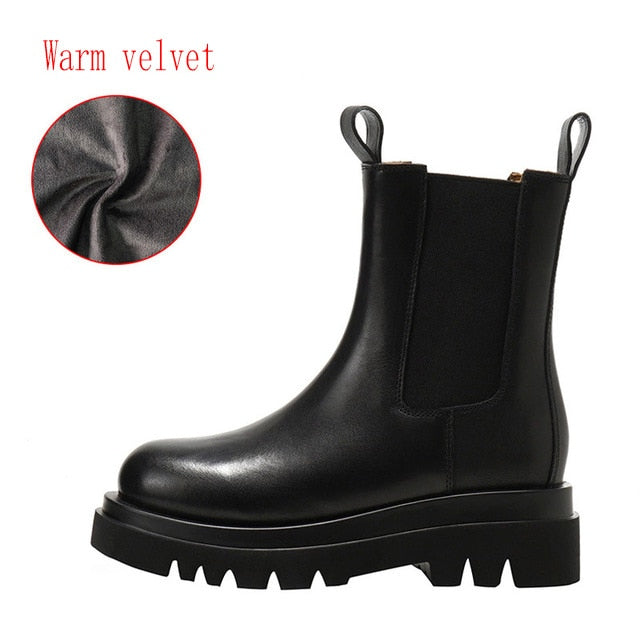 Genuine Leather Autumn Boots For Women Platform Chelsea Boot Spring Cowhide Booties Fashion Female Thick Bottom Black Bootie 41
