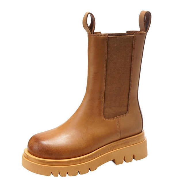 Genuine Leather Autumn Boots For Women Platform Chelsea Boot Spring Cowhide Booties Fashion Female Thick Bottom Black Bootie 41