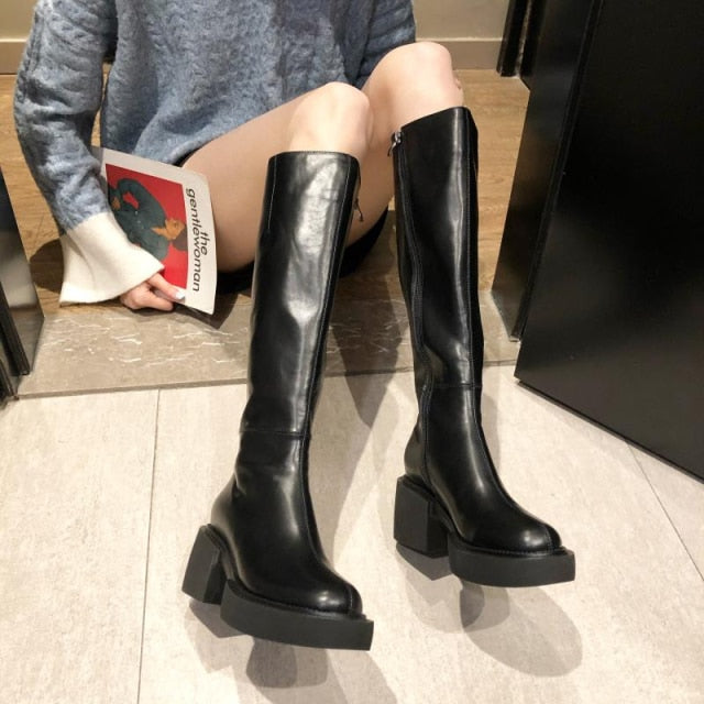 Designer Knee-High Casual Women Shoes 2021 Winter New Mid-heels Goth Chelsea Snow Boots Gladiator Chunky Fashion Boots Mujer