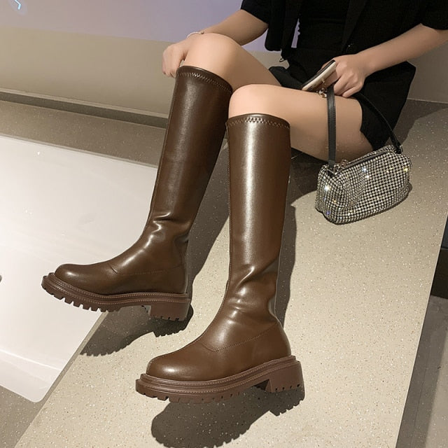 Designer Knee-High Casual Women Shoes 2021 Winter New Mid-heels Goth Chelsea Snow Boots Gladiator Chunky Fashion Boots Mujer