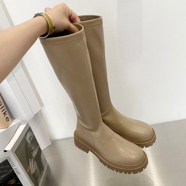 Designer Knee-High Casual Women Shoes 2021 Winter New Mid-heels Goth Chelsea Snow Boots Gladiator Chunky Fashion Boots Mujer