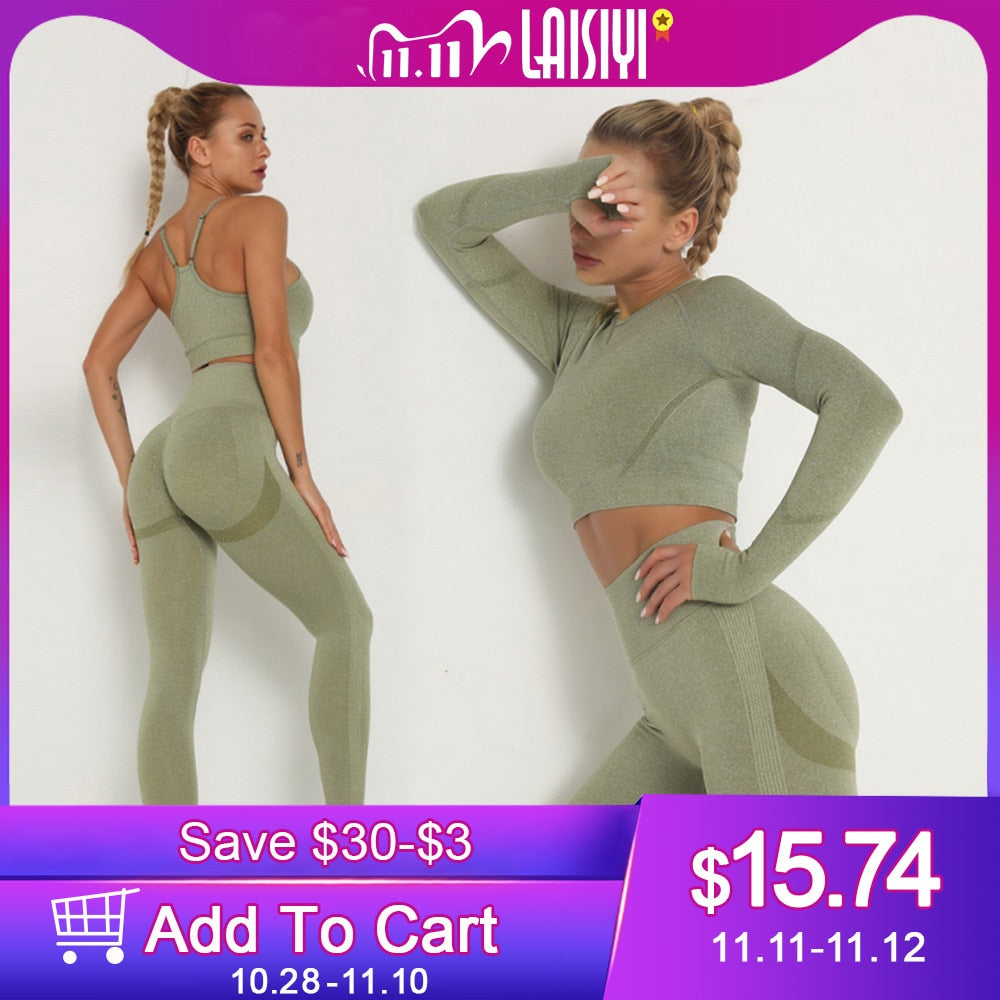 Women's Sets Skinny Tracksuit Breathable Bra Long Sleeve Top Seamless Outfits High Waist Push Up Leggings Gym Clothes Sport Suit