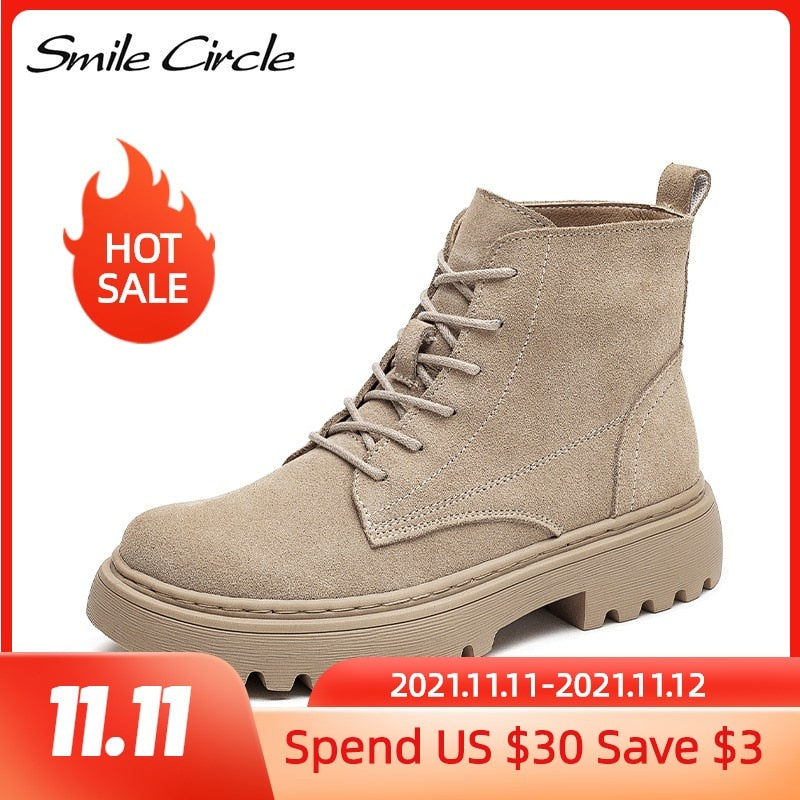 Smile Circle Ankle Boots Suede Leather women Flat platform Short Boots Ladies shoes fashion Autumn winter boots