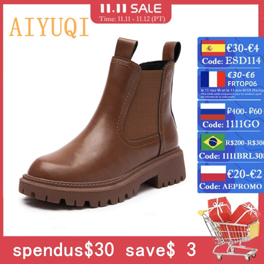 AIYUQI Women's Chelsea Boots Genuine Leather 2021 New Autumn Winter Fashion Women's Ankle Boots Retro Martin Boots Ladies