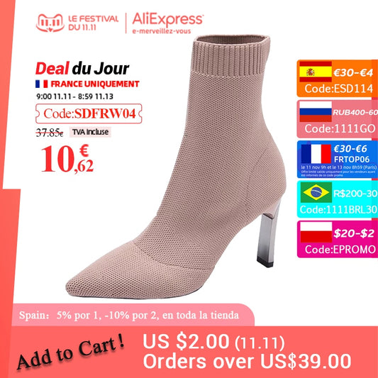 Aphixta Metal Blade Heels Socks Boots Women Stretch Fabric Elastic Stilettos Heel Pointed Toe Ankle Boots Shoes Woman Boats