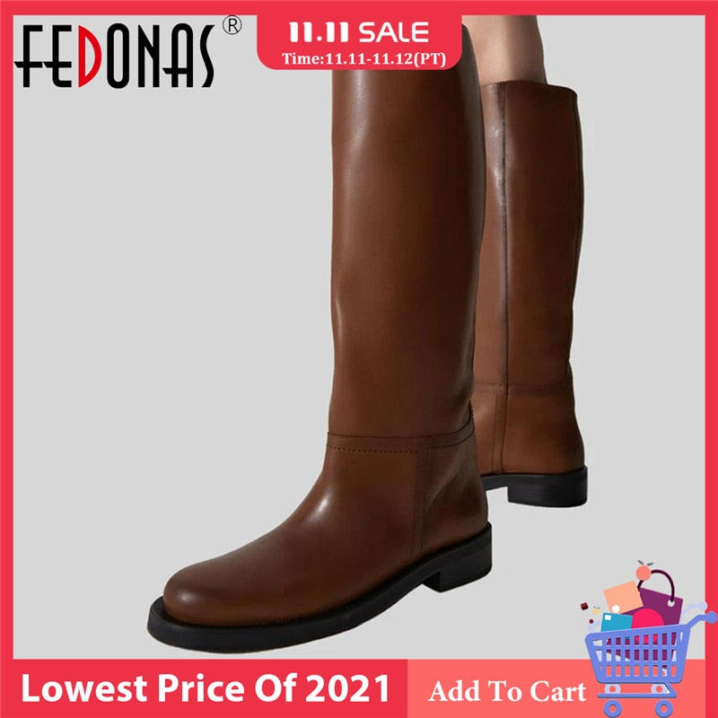 FEDONAS INS ZA Women Knee High Boots Full Cow Leather Warm Boots Thick High Heels Motorcycle Boots Punk Shoes Woman High Boots