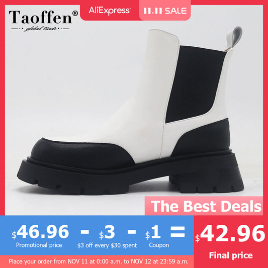Taoffen Real Leather Ankle Boots For Women Fashion Platform Winter Shoes Woman Short Boot Office Lady Footwear Size 34-41