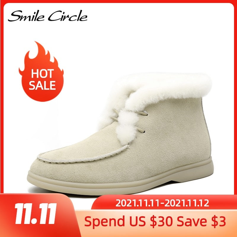 Smile Circle Women Snow Boots Natural fur Genuine Leather Ankle Boots Winter Comfortable Flat Wool Boots Women Shoes